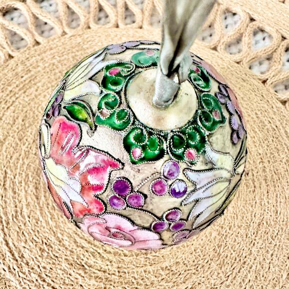 Vintage Cloisonne Hand Painted Silver Metal Pewter Floral Enamel Round Ornament - Picture 4 of 7